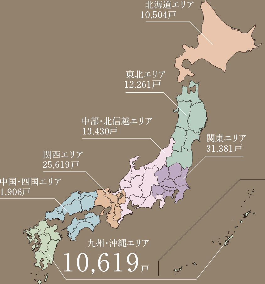 全国104,890戸、九州・沖縄エリア10,435戸のマンション供給実績。