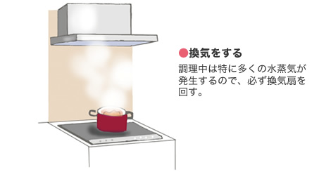 ●換気をする 調理中は特に多くの水蒸気が発生するので、必ず換気扇を回す。