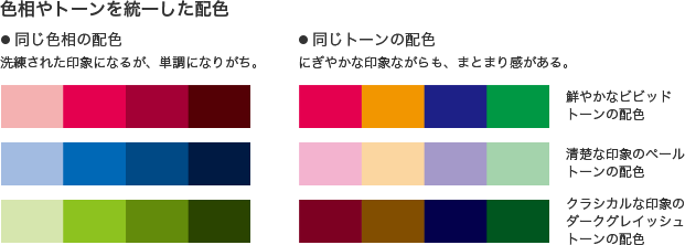 色相やトーンを統一した配色　●同じ色相の配色 洗練された印象になるが、単調になりがち。　●同じトーンの配色 にぎやかな印象ながらも、まとまり感がある。